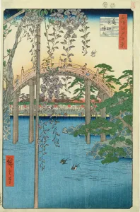 The Bridge with Wisteria or Kameido Tenjin Keidai, plate 57 from 100 Views of Edo' The Bridge with Wisteria or Kameido Tenjin Keidai, plate 57 from 100 Views of Edo'