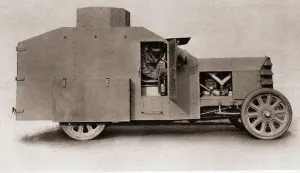 A British armoured car during World War One, from The Illustrated War News A British armoured car during World War One, from The Illustrated War News