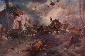 British artillery going into action under fire (colour litho) British artillery going into action under fire (colour litho)