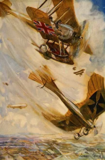 British biplane bringing down a German Taube monoplane with pistol fire British biplane bringing down a German Taube monoplane with pistol fire