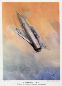 British Blackburn Skua dive bomber over the sea (colour litho) British Blackburn Skua dive bomber over the sea (colour litho)