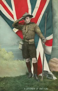 British boy scout saluting the flag (coloured photo) British boy scout saluting the flag (coloured photo)