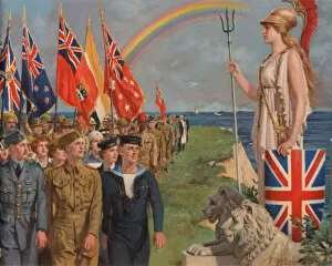 British and Empire military personnel and civilians involved in the war effort parading before Britannia (colour litho)