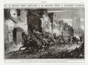 British horse artillery on the Western Front in Southern Flanders, World War I (litho) British horse artillery on the Western Front in Southern Flanders, World War I (litho)