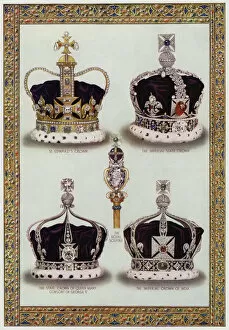 Silver Jubilee Gallery: British royal crowns and sceptre (colour litho)