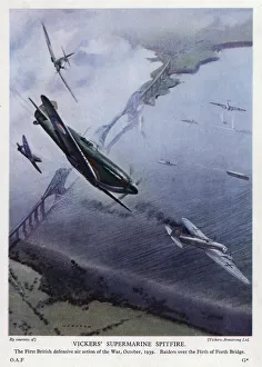 British Supermarine Spitfire fighter shooting down a German bomber over the Forth Bridge British Supermarine Spitfire fighter shooting down a German bomber over the Forth Bridge
