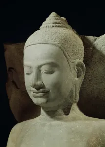 Buddha in Meditation on the Naga King, Mucilinda, detail of Buddhas head, from Preah Khan Buddha in Meditation on the Naga King, Mucilinda, detail of Buddhas head, from Preah Khan