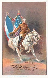Showmen Collection: Buffalo Bill riding a white horse (colour litho)