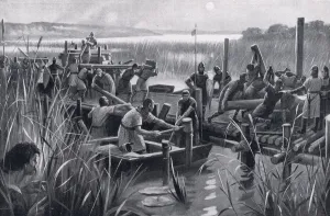 The building of William's causeway at Ely, 1920's (litho) The building of William's causeway at Ely, 1920's (litho)