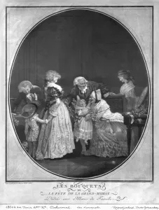 Bunches of flowers or celebrating grandmother, 1788 (engraving) (b/w photo) Bunches of flowers or celebrating grandmother, 1788 (engraving) (b/w photo)