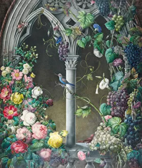 Images Dated 17th September 2012: Bunches of Roses, Ipomoea and Grape-vines, Around an Arcade in a Fanciful Gothic Style