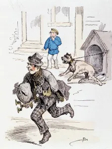 Burglar who fled after committing his mischief and barking watchdog - drawing by Bertall Burglar who fled after committing his mischief and barking watchdog - drawing by Bertall