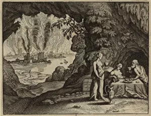 The burning of Sodom, and Lot's daughters getting him drunk so that they could have children by him (engraving)