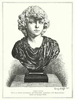 Bust of the Italian architect and painter Giotto as a child, by French sculptor Emile Soldi, 19th Century (engraving)