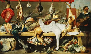 Artist Flemish Gallery: A Butchers Stall with Cats and Kittens playing and a Butcher holding a Boar'