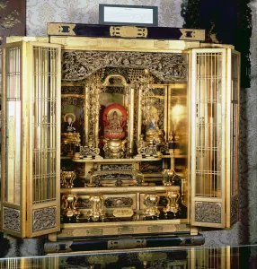 Butsudan shrine from a Damios palace at Kyoto, contains a representation of Butsudan shrine from a Damios palace at Kyoto, contains a representation of