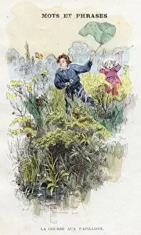 The butterfly race. Butterfly hunting scene: a boy followed by his sister runs with a net trying to catch the insect