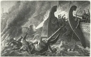 The Byzantines using Greek fire against an attacking Arab fleet (engraving) The Byzantines using Greek fire against an attacking Arab fleet (engraving)