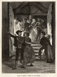 A cabaret scene, a couple leaves the scene, while a man threatens them with a knife A cabaret scene, a couple leaves the scene, while a man threatens them with a knife