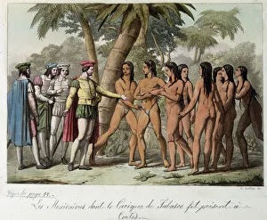 The Cacique de Tabasco offers young Mexican girls to Hernan (or Hernando) Cortes or Fernand Cortez (1485-1547) The Cacique de Tabasco offers young Mexican girls to Hernan (or Hernando) Cortes or Fernand Cortez (1485-1547)