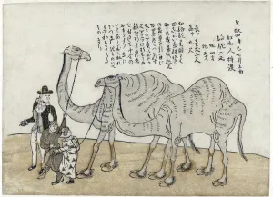 Camel with handlers, pub. 1821 (coloured woodcut) Camel with handlers, pub. 1821 (coloured woodcut)