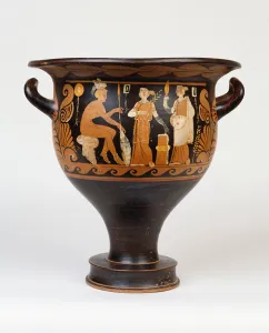 A Campanian bell-krater by the Ca Painter depicting a seated warrior and two women A Campanian bell-krater by the Ca Painter depicting a seated warrior and two women