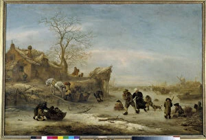 Canal gele with pair skating Painting by Isaak Van Ostade (1621-1649). 17th century Sun