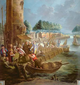 Canal scene with wine merchant unloading barrels Canal scene with wine merchant unloading barrels