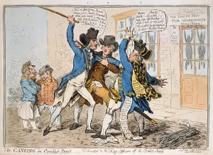 The Caneing in Conduit Street, published by Hannah Humphrey, 1796 (hand-coloured etching) The Caneing in Conduit Street, published by Hannah Humphrey, 1796 (hand-coloured etching)