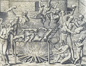 Cannibalism of tribes in interior of Brazil, engraving from American History by Theodore Cannibalism of tribes in interior of Brazil, engraving from American History by Theodore