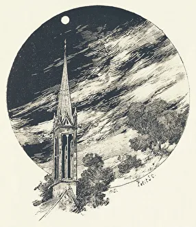 Belltower Gallery: Capital letter I decorated with a bell tower on a twilight background. 1880 (engraving)