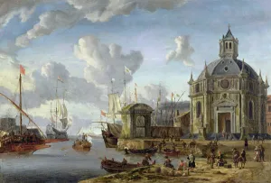 A capriccio Mediterranean harbour with a galley at anchor A capriccio Mediterranean harbour with a galley at anchor