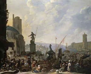 A Capriccio of a Mediterranean Port with Bernini's Triton Fountain A Capriccio of a Mediterranean Port with Bernini's Triton Fountain