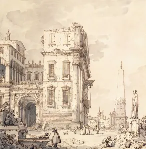 A capriccio of a Venetian Palace Overlooking a Piazza with an Obelisk, (black chalk A capriccio of a Venetian Palace Overlooking a Piazza with an Obelisk, (black chalk
