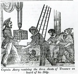 Captain Avery receiving three chests of Treasure on board of his Ship, illustration Captain Avery receiving three chests of Treasure on board of his Ship, illustration