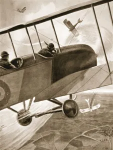 Captain Bell-Irving engaging three of the enemy's aeroplanes (litho) Captain Bell-Irving engaging three of the enemy's aeroplanes (litho)
