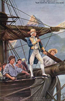 Captain Cook circumnavigating New Zealand, 1769 (colour litho) Captain Cook circumnavigating New Zealand, 1769 (colour litho)