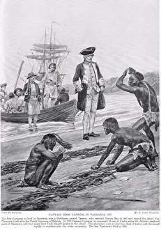 Captain Cook landing in Tasmania, 1777, illustration from Hutchinson' Captain Cook landing in Tasmania, 1777, illustration from Hutchinson'