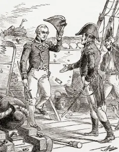 Captain Dacres from the HMS Guerriere surrenders and offers his sword to Captain Hull Captain Dacres from the HMS Guerriere surrenders and offers his sword to Captain Hull
