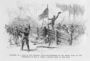 Capture of a part of the burning union breastworks on the Brock Road on the afternoon of Capture of a part of the burning union breastworks on the Brock Road on the afternoon of