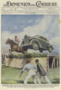 A car and a horse jump a hurdle at a racecourse in New Orleans (colour litho) A car and a horse jump a hurdle at a racecourse in New Orleans (colour litho)