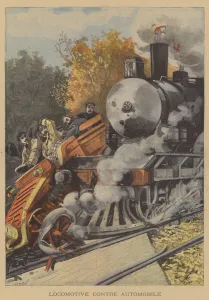 Colliding Gallery: A car struck by a train (colour litho)