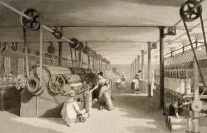 Carding, Drawing and Roving, Cotton factory floor, engraved by James Tingle (fl.1830-60) c Carding, Drawing and Roving, Cotton factory floor, engraved by James Tingle (fl.1830-60) c