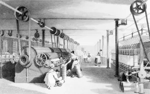 Thomas (after) Allom Gallery: Carding, Drawing and Roving, engraved by J. Carter, 1842 (engraving) (b&w photo)