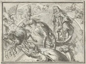 Caricature depicting Louis XIV as Apollo in his chariot, 1701 (etching) Caricature depicting Louis XIV as Apollo in his chariot, 1701 (etching)