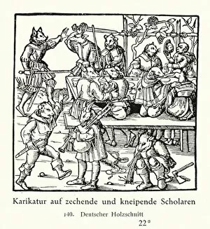 Dutch School Gallery: Caricature of drinking students (woodcut)