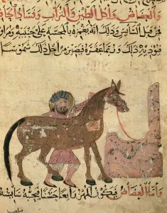 Caring for the horse, illustration from the Book of Farriery by Ahmed ibn Caring for the horse, illustration from the Book of Farriery by Ahmed ibn