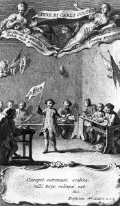 Carlo Goldoni waves a flag in celebration of passing his year at the Jesuit school in Carlo Goldoni waves a flag in celebration of passing his year at the Jesuit school in