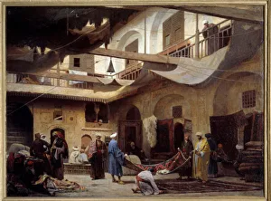 The carpet bazaar in the Khan-Khabil in Cairo in 1866. Painting by Louis Claude Mouchot The carpet bazaar in the Khan-Khabil in Cairo in 1866. Painting by Louis Claude Mouchot