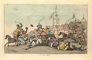 A cart race in an English town with an accident in the foregroun